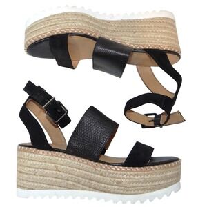 Crown Vintage Daylen Black Leather Espadrille Platform Wedge Sandals Womens 7.5